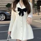 Long-sleeve Bow-accent Single-breasted Mini Dress