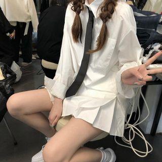 Lettering Embroidered Shirt / Tie / Pleated Mini A-line Skirt / Set