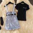 Short-sleeve Letter T-shirt / Denim Jumper Shorts / Set