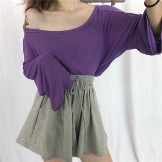 Set: Plain Long-sleeve T-shirt + Drawstring Shorts