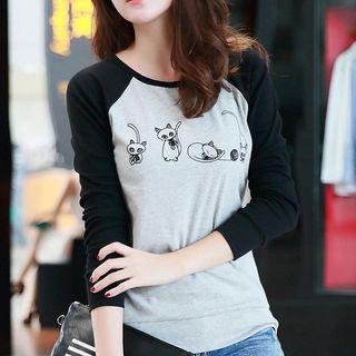 Cat Print Raglan Long-sleeve T-shirt
