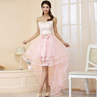 Set: Lace Spaghetti Strap Dress + High-low Mesh Skirt