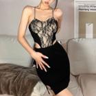 Spaghetti-strap Lace Panel Cut-out Mini Sheath Dress