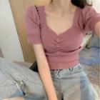 Short-sleeve Button Shirred Knit Cropped Top