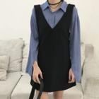 Plain Shirt / V-neck A-line Pinafore Dress