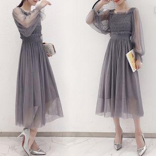 Set: Slipdress + Lantern-sleeve Mesh Midi Dress