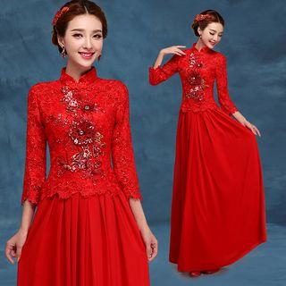 Sequined Lace Panel Wedding Cheongsam