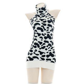 Mock-neck Open-back Milk Cow Print Night Dress Dairy Cow - White & Black - One Size