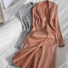 Long-sleeve Twist-front Knit Midi A-line Dress