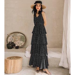 Sleeveless Square Print Maxi A-line Tiered Dress