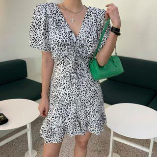 Short-sleeve Leopard Drawstring Mini Dress