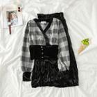 Set: Check Panel Buttoned Blouse + Plain Pleated Skirt