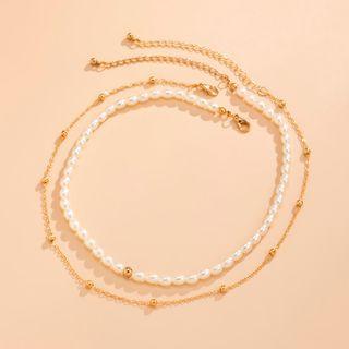 Set Of 2: Beaded Necklace Gold - One Size