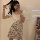 Short-sleeve Crop Top / Print Mini Skirt