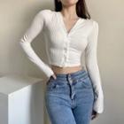 Long-sleeve V-neck Button-up Cropped Knit Top