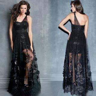 One Shoulder Applique Mesh Evening Dress