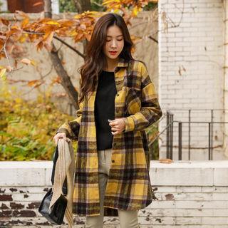 Wool Blend Long Plaid Shirt