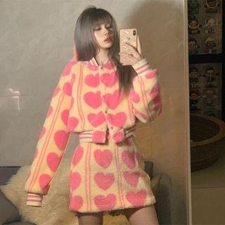 Heart Print Cropped Fleece Button-up Jacket / Mini A-line Skirt