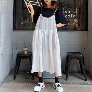 Plain Elbow-sleeve T-shirt / Spaghetti Strap Sheer Midi A-line Dress