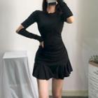 Ruffle Hem Cut-out Long-sleeve Mini Sheath Dress