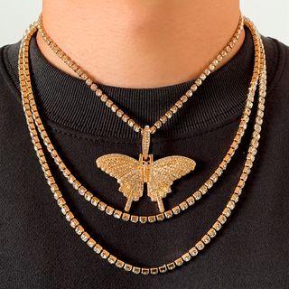 Set Of 3: Butterfly Rhinestone Pendant Alloy Choker + Necklace
