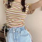 Striped Drawstring Short-sleeve T-shirt As Shown In Figure - One Size