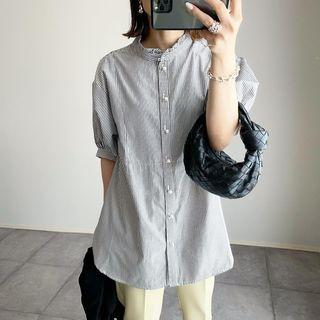Lantern-sleeve Striped Shirt Stripes - Black & White - One Size