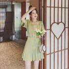 Set: Short-sleeve Square Neck Blouse + High Waist Pleated Skirt