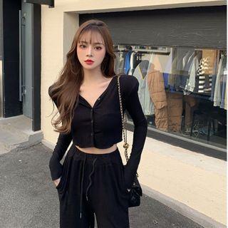 Set: Long-sleeve Button-up Knit Crop Top + Drawstring Wide Leg Pants