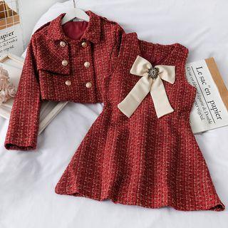 Set: Double-breasted Crop Jacket + Ribbon-accent Mini Tank Dress