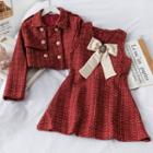 Set: Double-breasted Crop Jacket + Ribbon-accent Mini Tank Dress