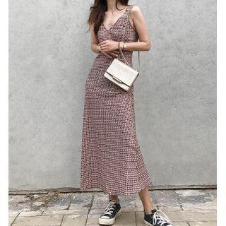 Plaid V-neck Strappy Midi Dress