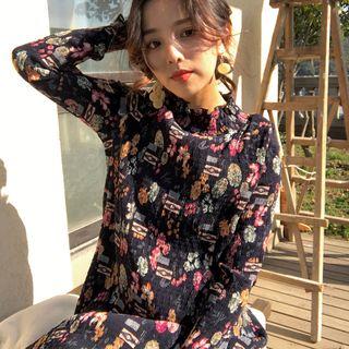 Floral Print Mock Neck Lace Hem Long Sleeve Dress