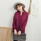 Long-sleeve V-neck Lace Trim Top