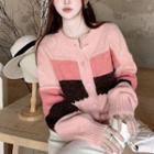 Color Block Knit Cropped Cardigan Pink - One Size