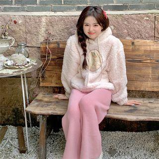 Faux Shearling Printed Oversize Sweater / High-waist Plain Straight-cut Pants