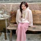 Faux Shearling Printed Oversize Sweater / High-waist Plain Straight-cut Pants