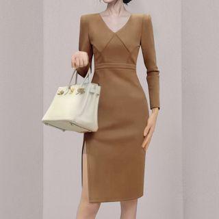 Long-sleeve V-neck Slit-hem Sheath Dress