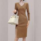 Long-sleeve V-neck Slit-hem Sheath Dress