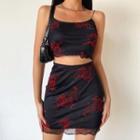 Spaghetti Strap Printed Mesh Top / Mini Fitted Skirt / Long-sleeve T-shirt