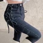 High Waist Lace-up Washed Skinny Jeans