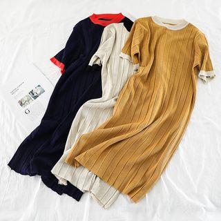 Ribbed Contrast Trim Short-sleeve Knitted Dress