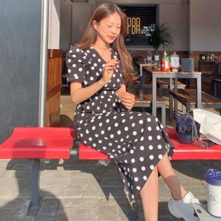 Puff-sleeve Dotted Sheath Dress Black - One Size