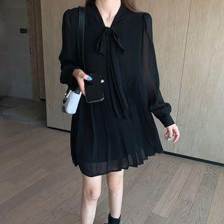 Tie-neck Long-sleeve Shift Dress / Single-button Vest