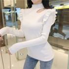 Long Sleeve Keyhole Frilled Knit Top