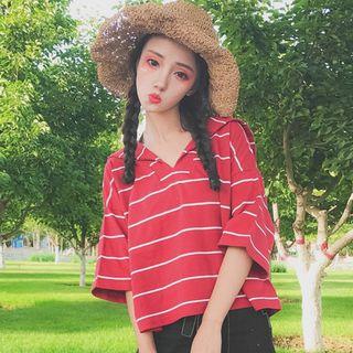 Sailor Collar Striped 3/4-sleeve T-shirt