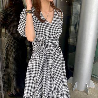 Puff-sleeve Gingham Shirred Midi A-line Dress Gingham - Black - One Size