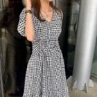 Puff-sleeve Gingham Shirred Midi A-line Dress Gingham - Black - One Size