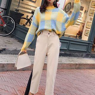 Set:color-block Plaid Long-sleeve Sweater + Asymmetric High-waist Acrylic Pants