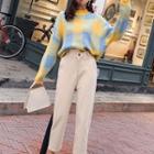 Set:color-block Plaid Long-sleeve Sweater + Asymmetric High-waist Acrylic Pants
